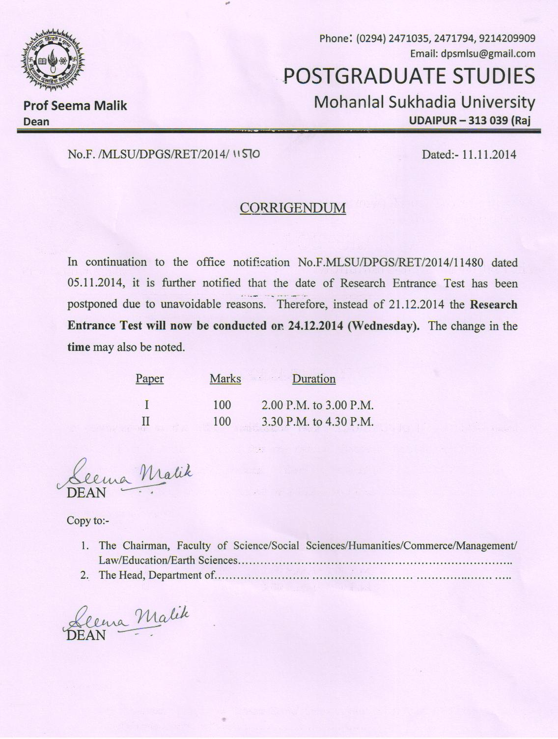 New Ph.D. Entrance Date Mohanlal Sukhadia Univerity, Udaipur